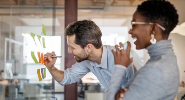 coworkers at a dry erase board with sticky notes using soft skills to grow their careers