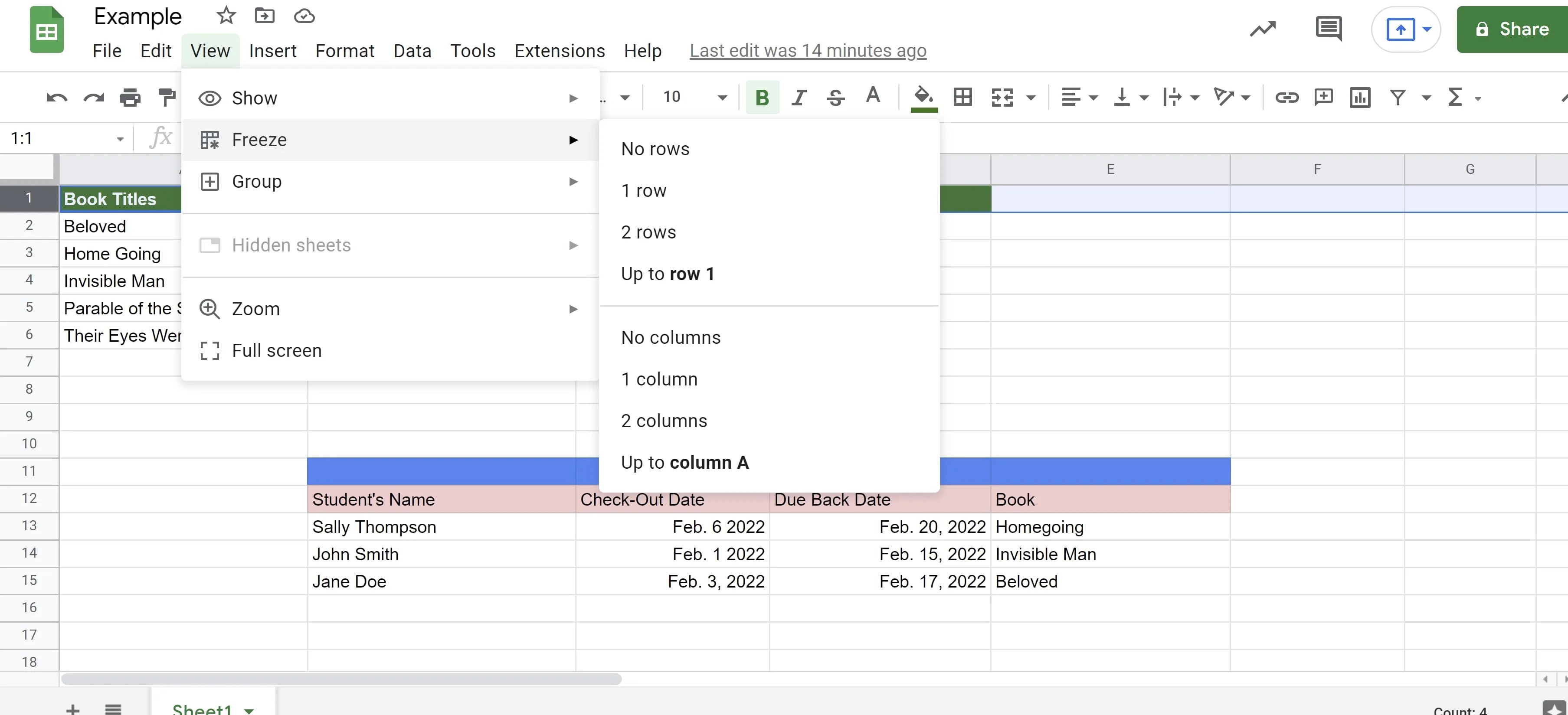 Header row frozen in Google Sheets