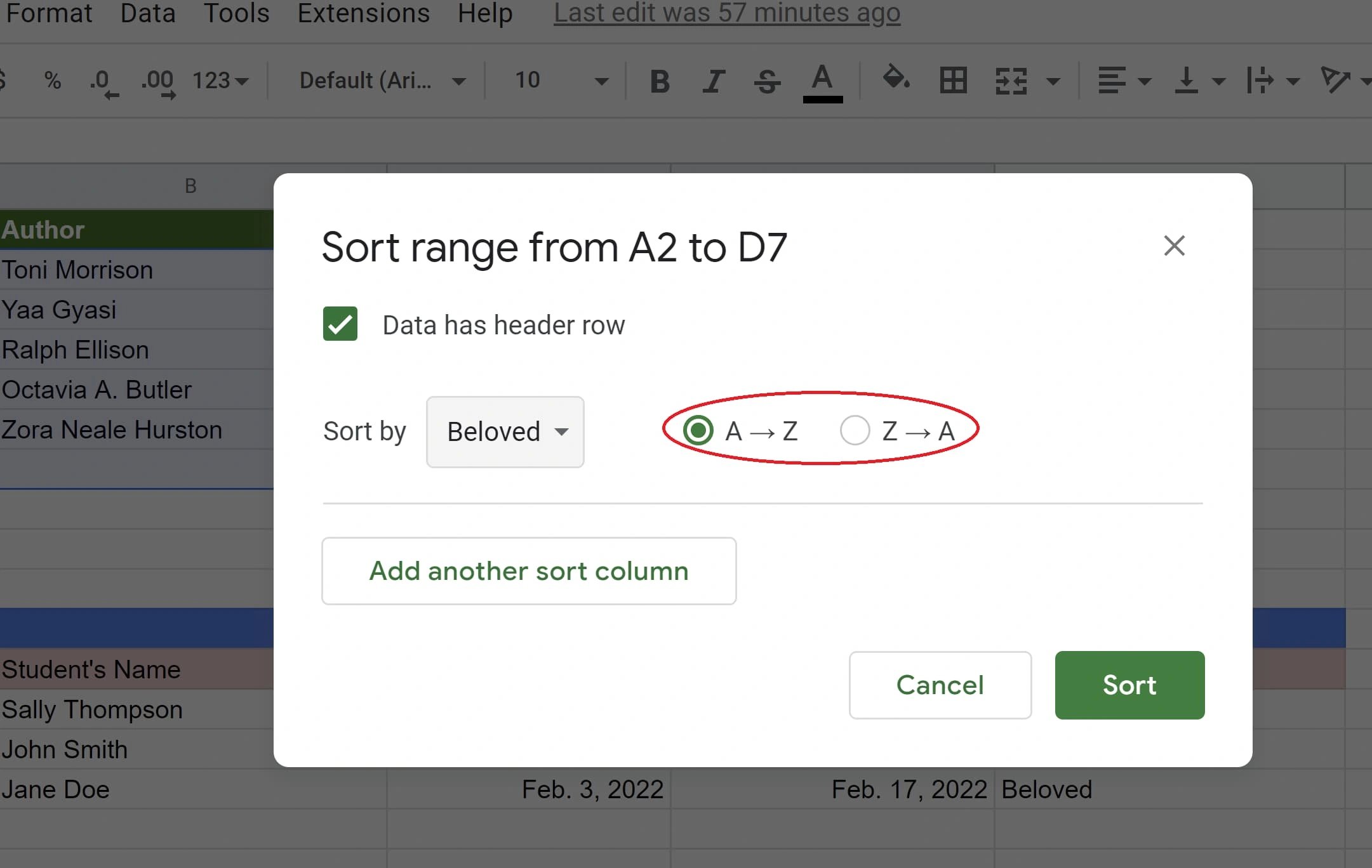 A-Z option selected to sort data in ascending order in Google Sheets