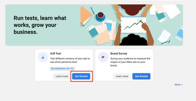 a/b testing on facebook: get started in experiments page