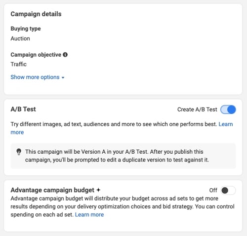 a/b testing on facebook: ab test toggle