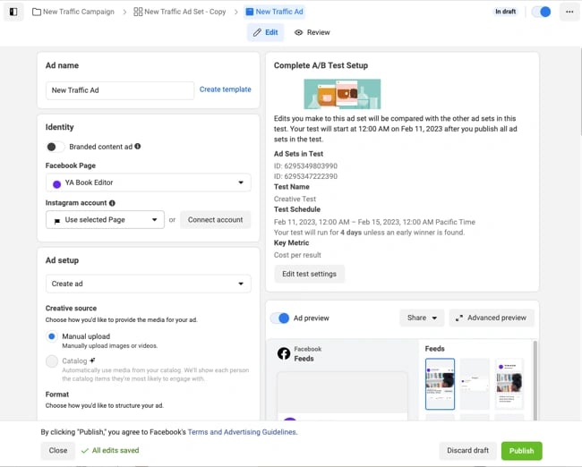 a/b testing on facebook: edit and publish duplicate ad