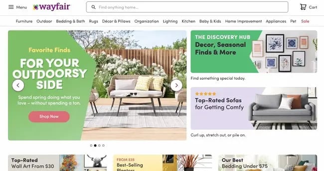 dynamic website examples: wayfair homepage