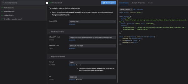 target API features. pull data about product details, product reviews, product search and target location search