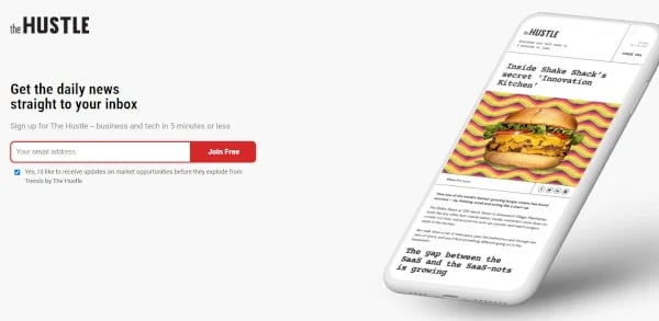 the hustle squeeze page that reads "get the daily news straight to your inbox"
