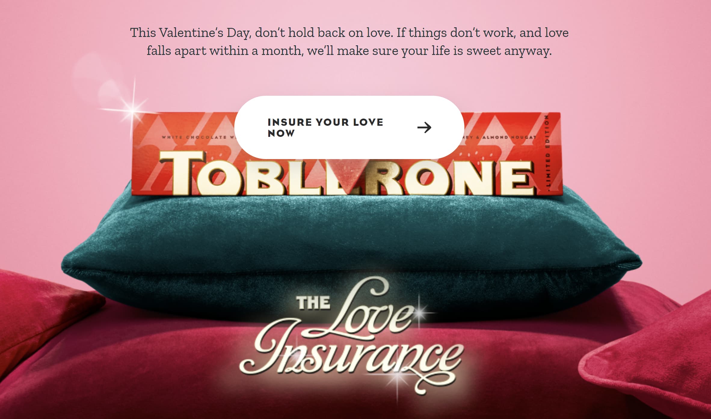 A screenshot of Toblerone's "Love Insurance" Valentine's Day marketing campaign.