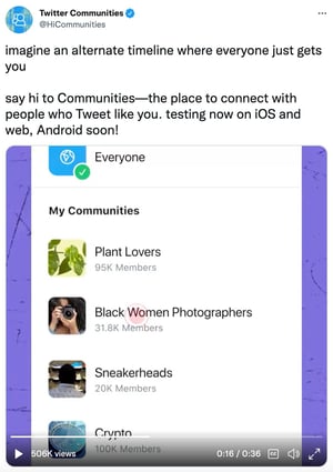 screenshot of twitter introducing twitter communities