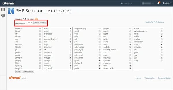 updating php in wordpress through the cpanel dashboard php version selector