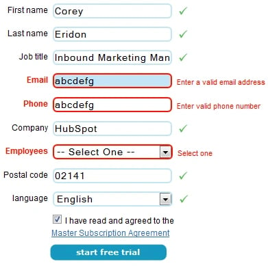 incorrect form fields