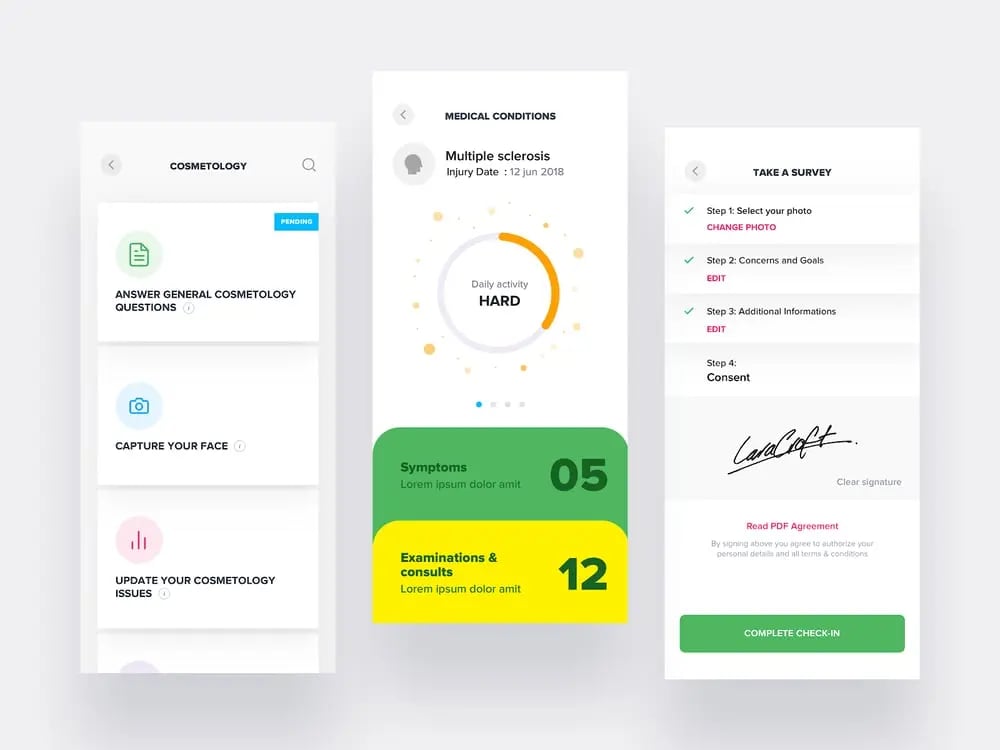 Three interfaces of patient app designed for UX project