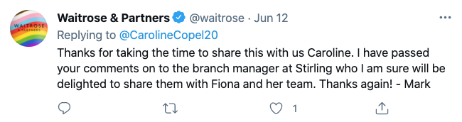 Waitrose's response to the positive customer care testimonial