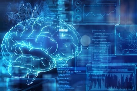 A digital brain overlays a set of data and lines, representing AI