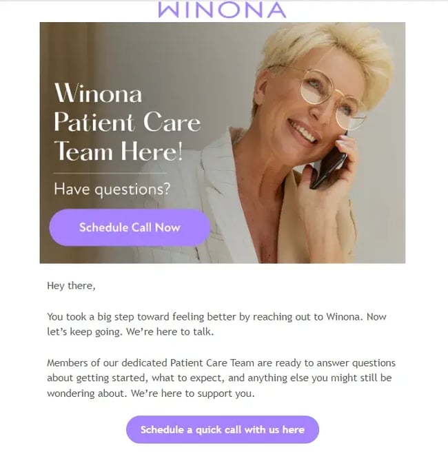 Winona sends a welcome email as part of its onboarding email drip campaign.
