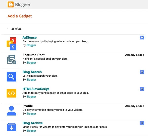 Limited selection of gadgets available for extending the functionality of Blogger