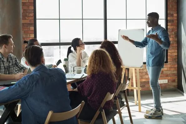 marketing team in meeting discussing wordpress alternatives