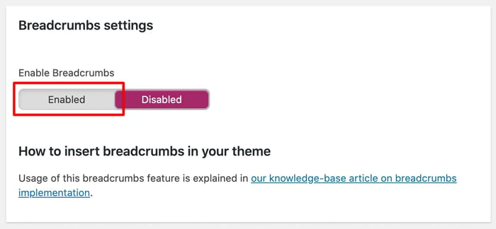 the button to enable wordpress breadcrumbs in the Yoast SEO wordpress plugin