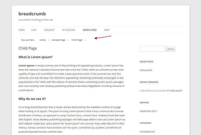 WordPress breadcrumbs example in Breadcrumb plugin