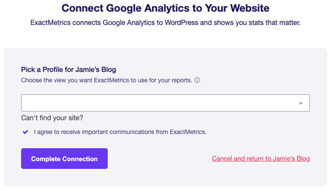 account selection screen for the wordpress traffic plugin exactmetrics