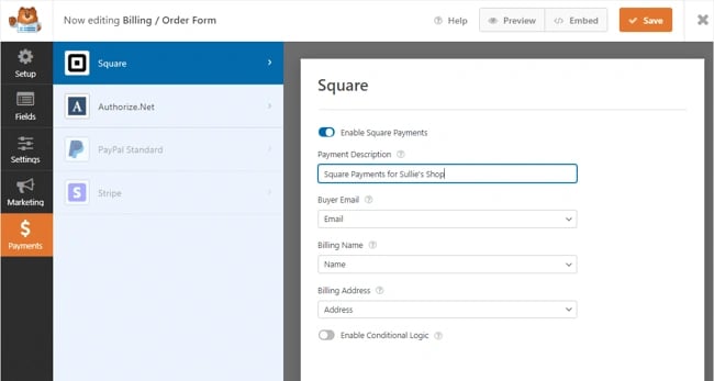 Adding Square payment method to form via WPForms plugin