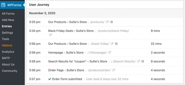 User journey shown leading up to form conversion in WordPress dashboard via WPForms plugin