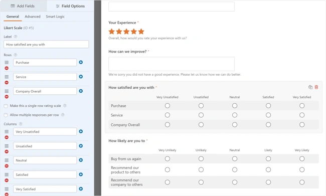 Survey created with Likert scale via WPForms plugin