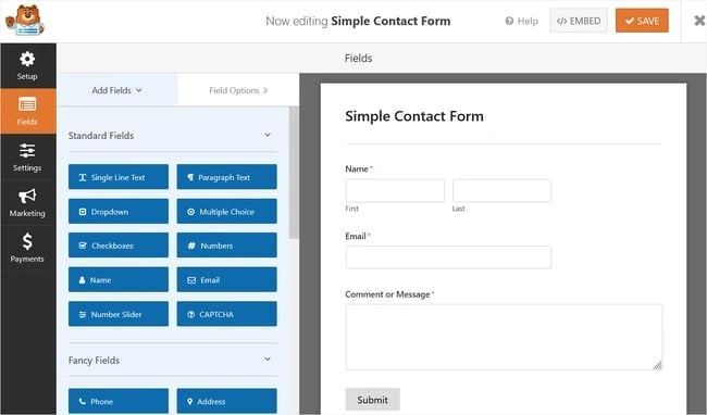 Drag-and-drop builder interface of WPForms plugin