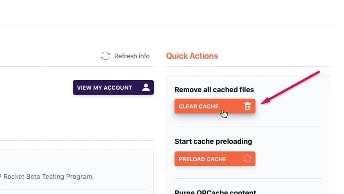 clearing cache in WP rocket