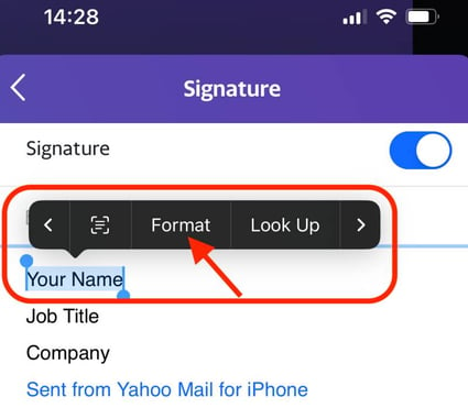 Yahoo Mail iPhone app with highlighted text and the format option shown.