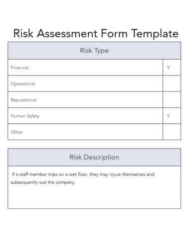 A risk assessment template filled to describe the risk types and what the risk entails. 