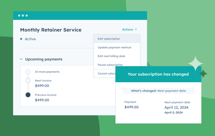 commerce hub user interface showing monthly retainer service