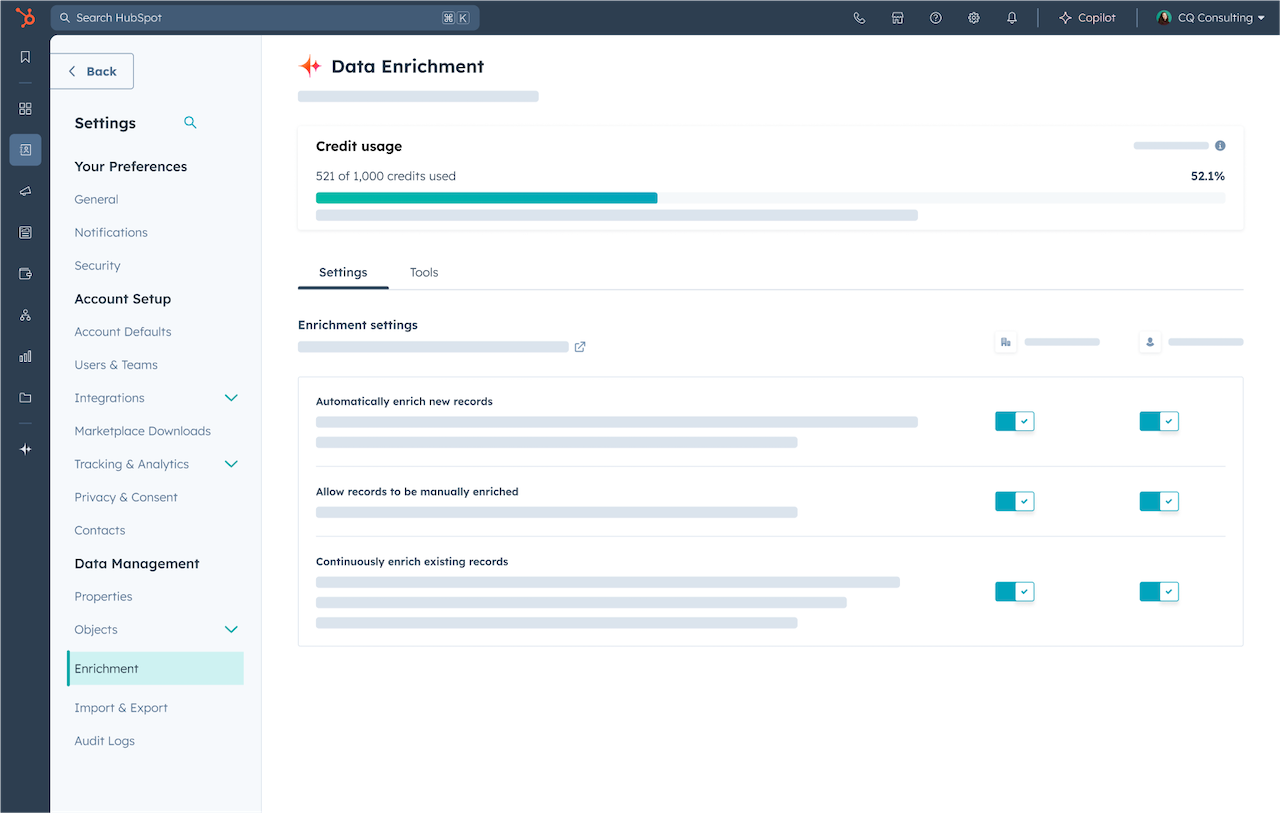 Enrichment Settings  that show left rail of preferences, account setup, and data management. Credit usage progress bar shows how many credits you have left. Enrichment settings allow you to select to automatically enrich new records, allow manual enrichment, and continually enrich records.