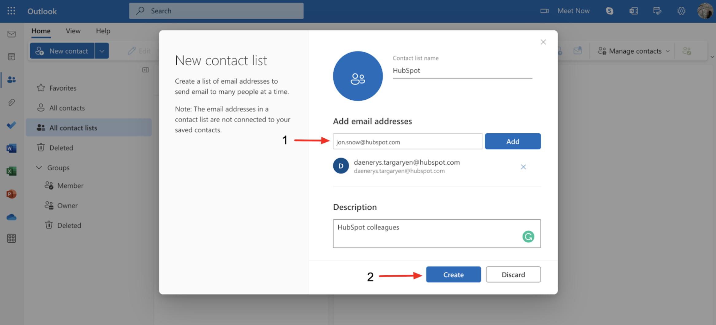 How to create a distribution list in Outlook 365: Enter the email addresses of the contacts you want to include.