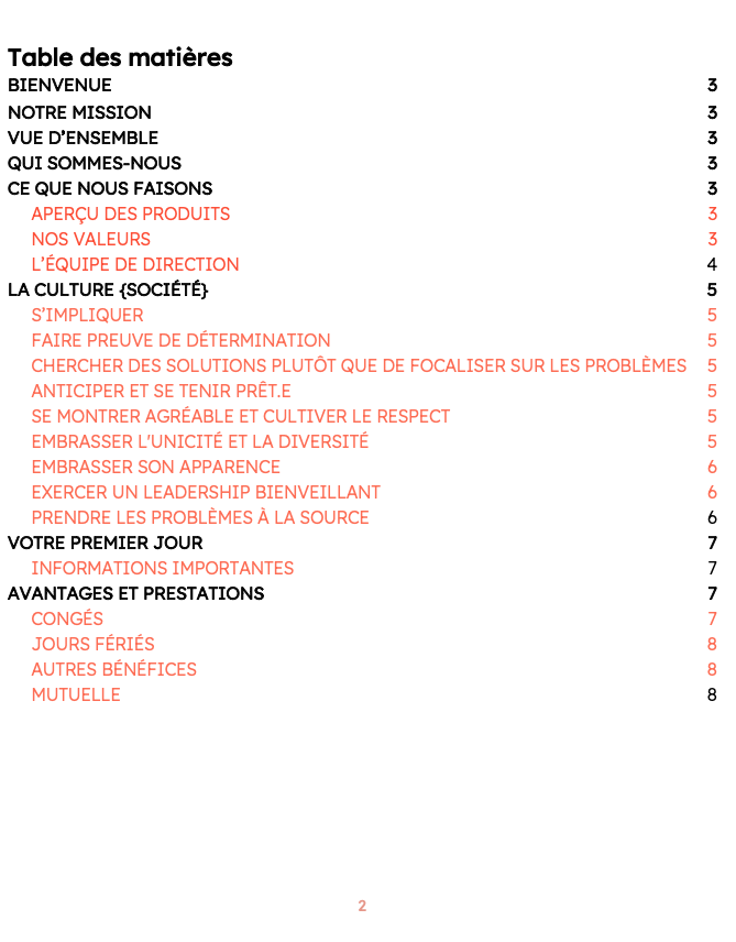 Table des matières du livret d'employé