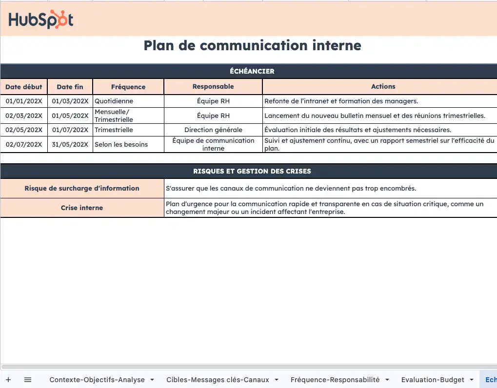 Modèle de plan de communication interne : Échéancier et risques