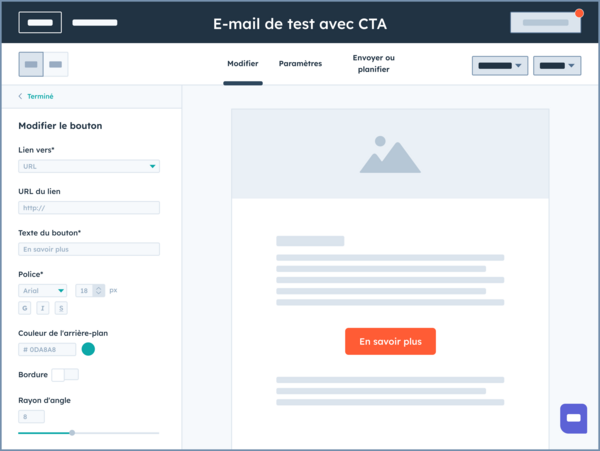 Aperçu d'un e-mail marketing en préparation avec personnalisation du CTA