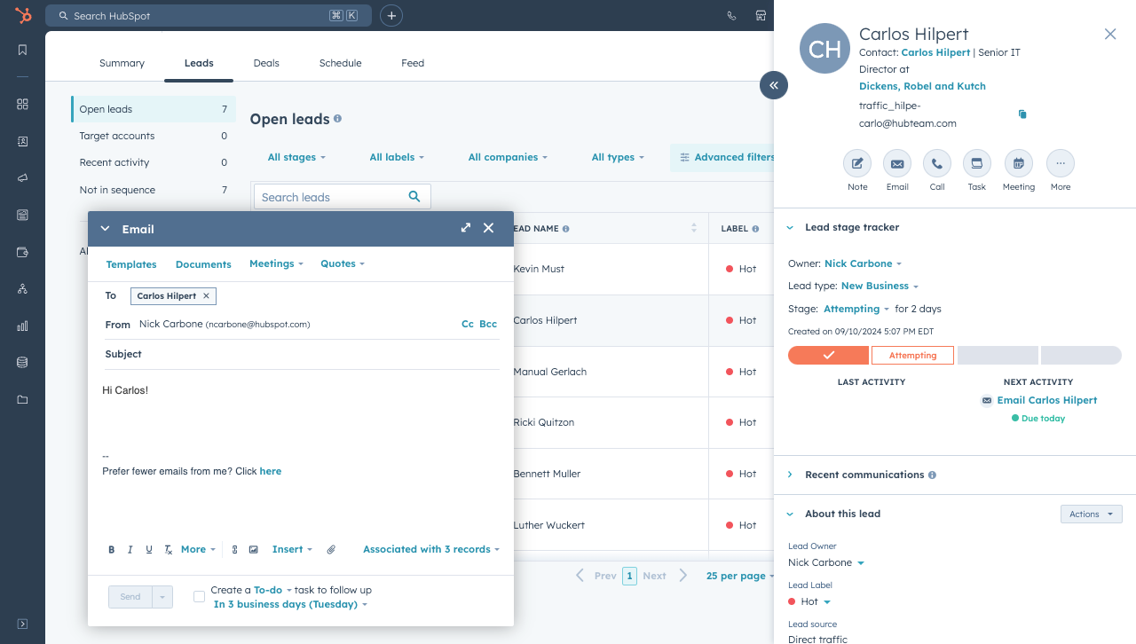 Sales Hub's new guided selling tool makes following up with leads efficient with email templates, docs, meetings, and quotes built in. Lead stage tracker, recent communications, and about this lead.