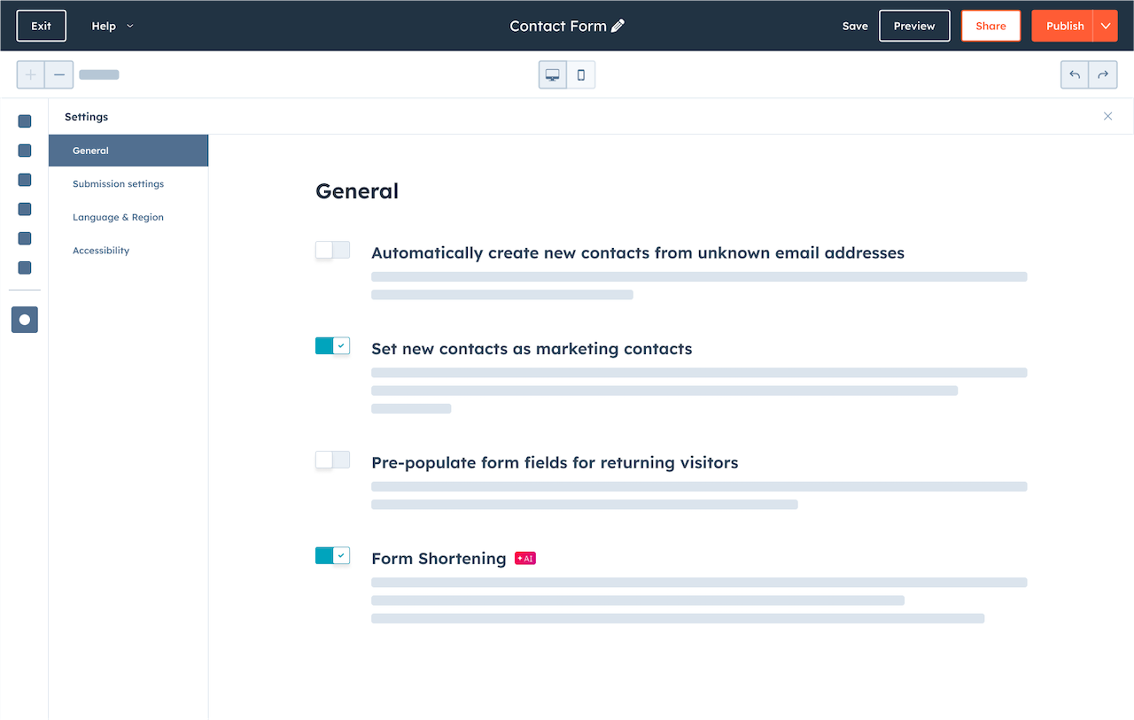 Form shortening general form settings with options to automatically create new contacts from unknown email addresses, set new contacts as marketing contacts, pre-populate form fields for returning visitors and more.