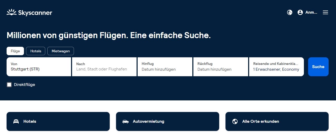 Skyscanner hat rechts neben dem Formular einen Call-to-Action in dominantem Blau platziert.