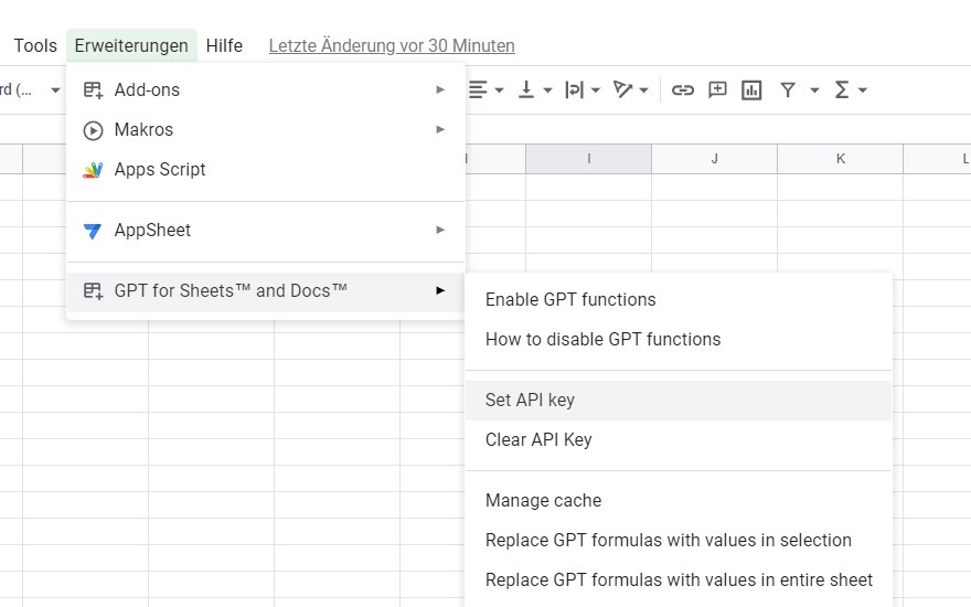 Screenshot ChatGPT API Key in Google Sheets einfügen