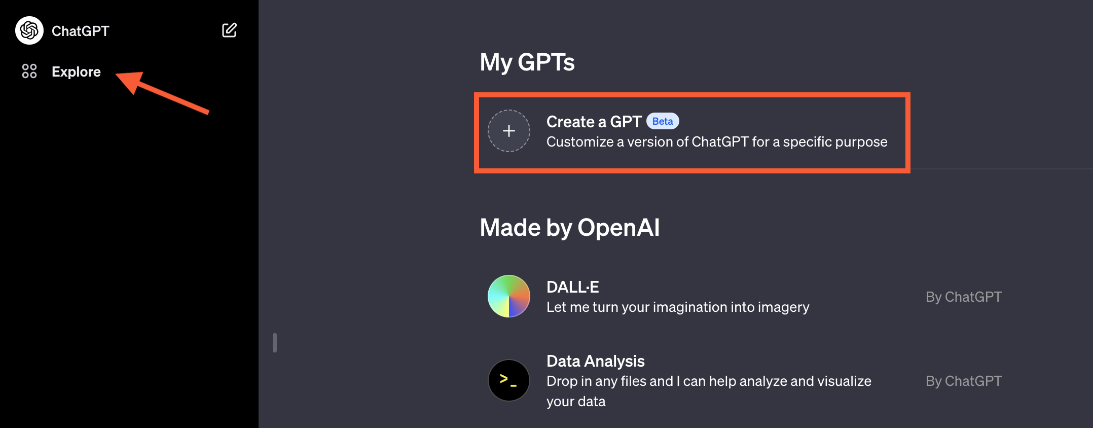Screenshot von ChatGPT, wie man auf "Create a GPT" kommt.