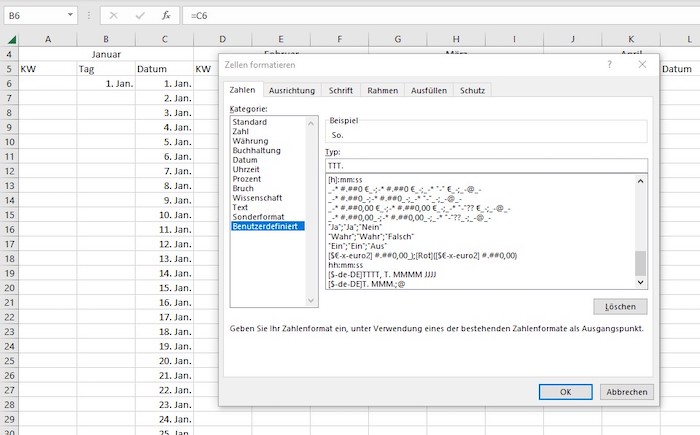 Screenshot Kalender in Excel erstellen