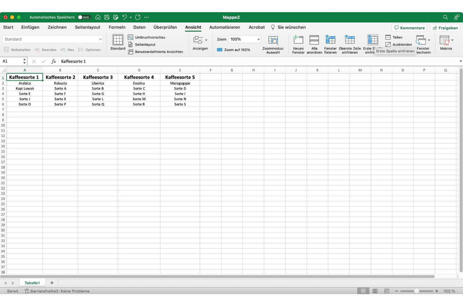 Screenshot von Microsoft Excel, wie man die oberste Spalte markiert.