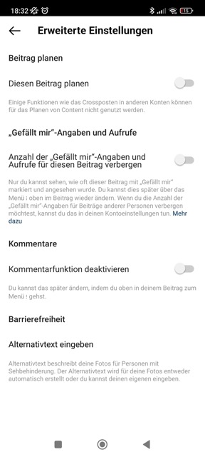 Screenshot von den erweiterten Einstellung bei einem Instagram-Post.