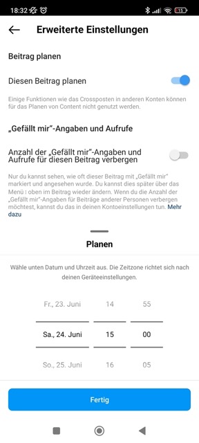 Screenshot von den erweiterten Einstellungen bei einem Instagram-Post, um für den Post die Uhrzeit und das Datum zu planen.