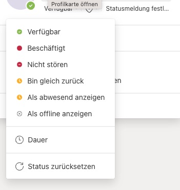 Screenshot von den unterschiedlichen Status-Möglichkeiten bei Microsoft Teams.