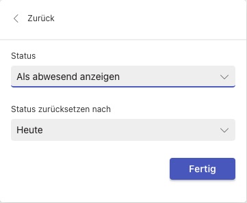 Screenshot von Microsoft Teams, wie man den Status zeitlich festlegen kann.