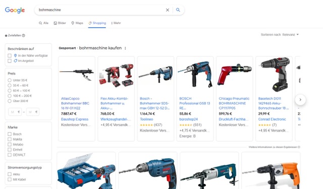 Screenshot von einer beispielhaften Google-Shopping-Seite.