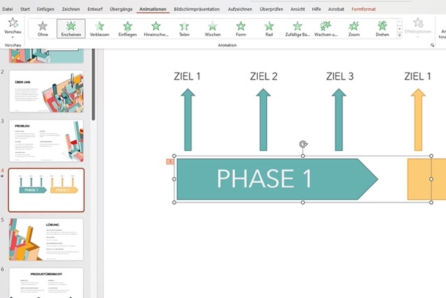 Screenshot von PowerPoint, wie sich der Zeitstrahl animieren lässt.