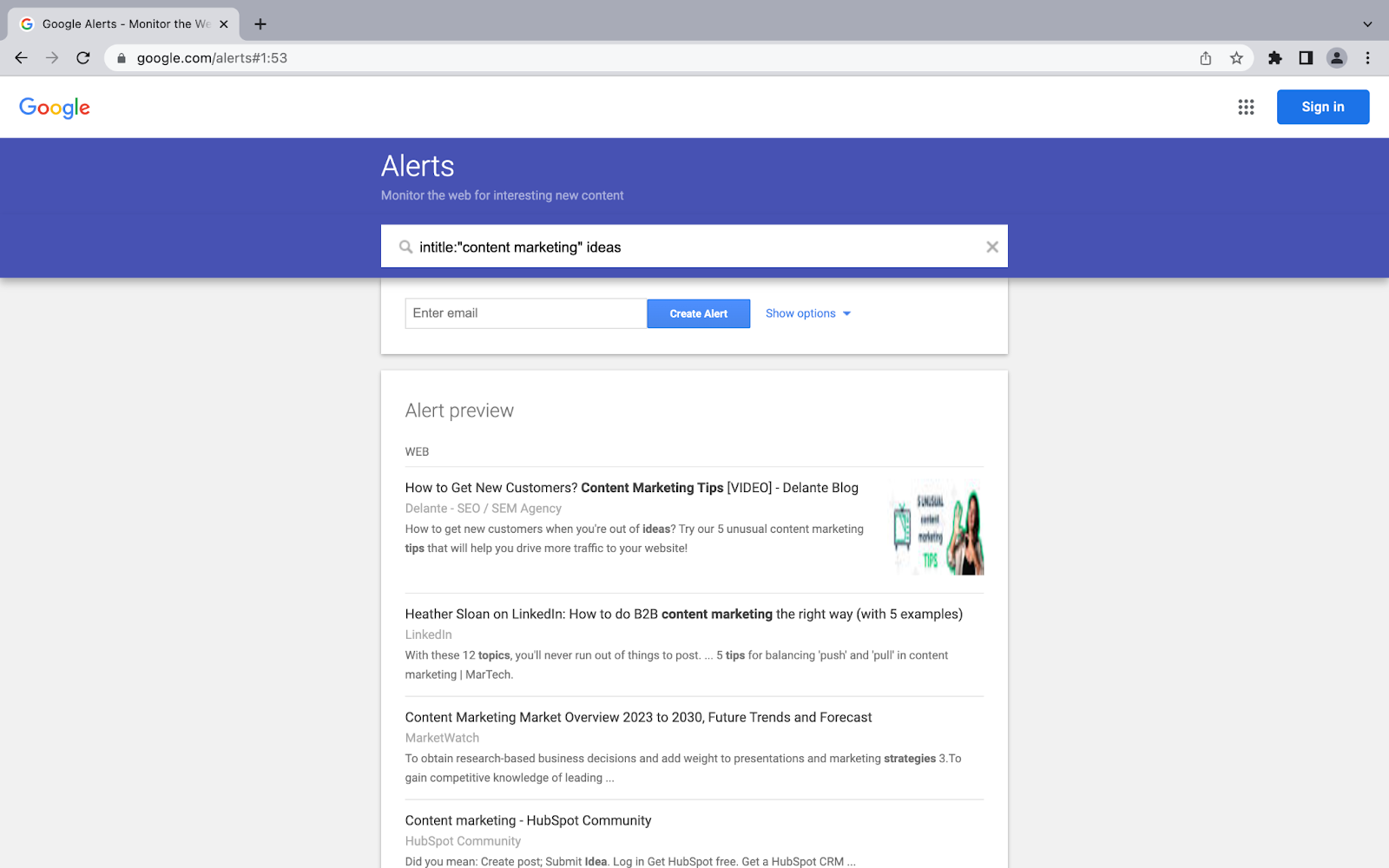 screenshot of the google alerts browser tool