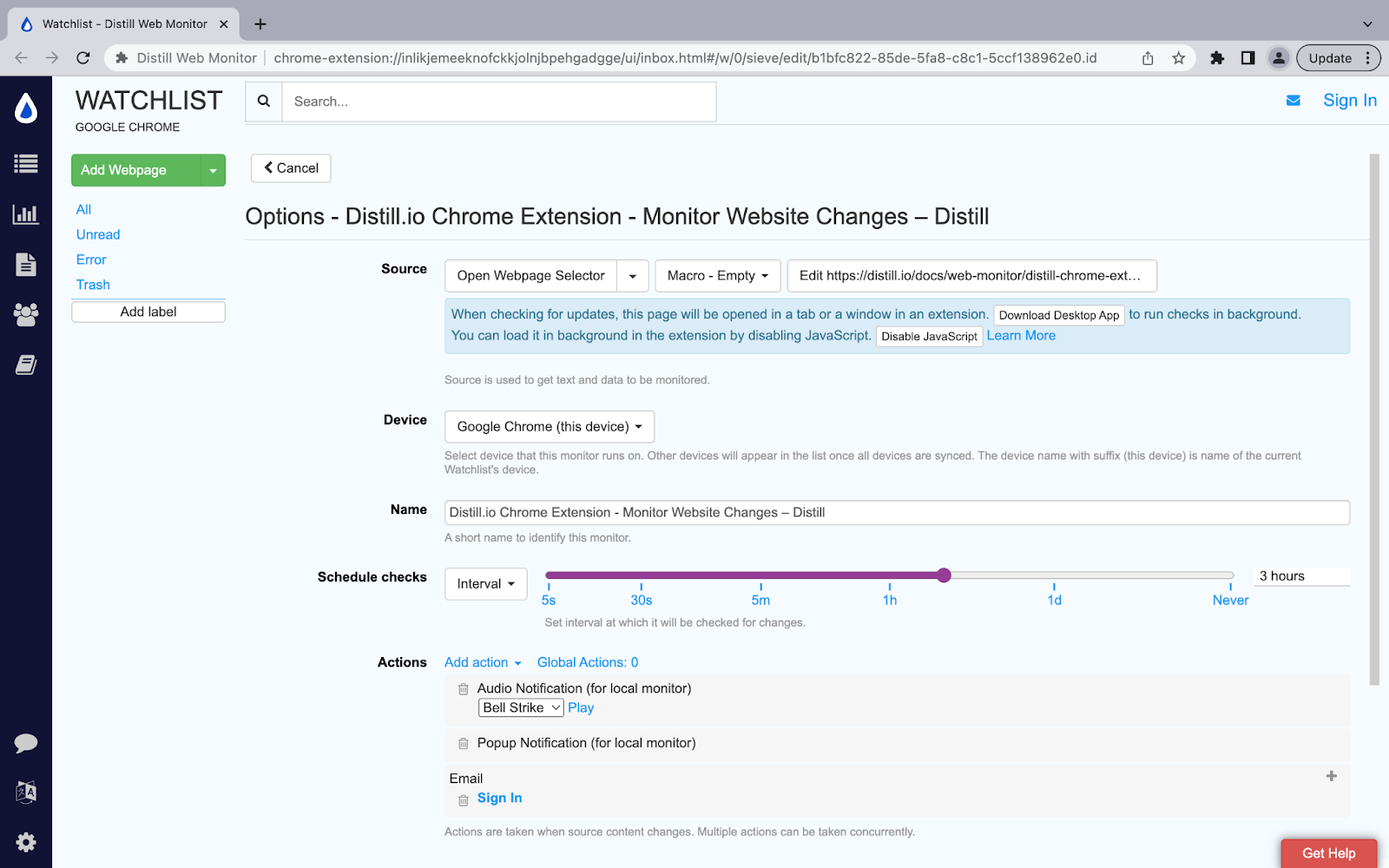 a screenshot of the Distill tool in a web browser to track website changes